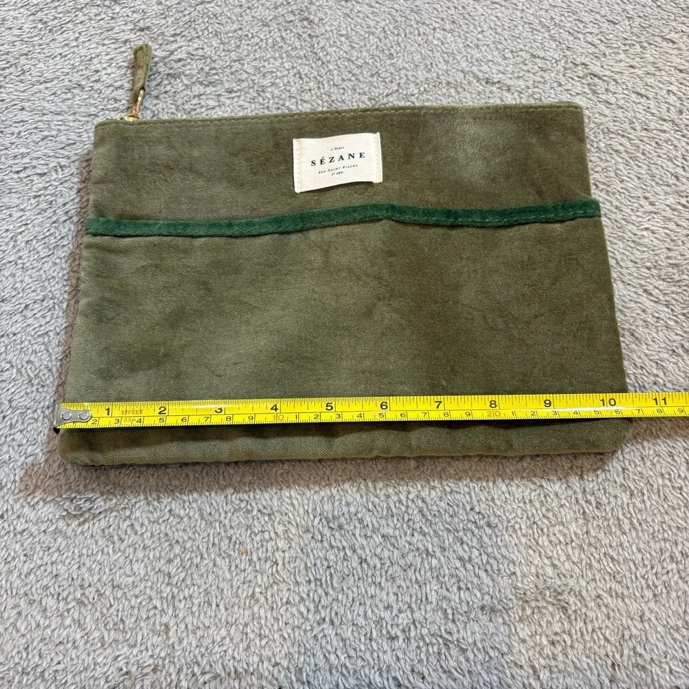 Sezane Olive Green Cotton Velvet Zippered Pouch Makeup Bag Clutch Travel - Picture 5 of 10